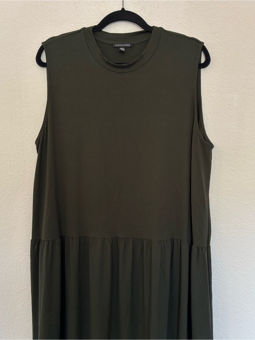 Eileen Fisher Tiered Midi Dress High Neck Sleeveless Olive Green